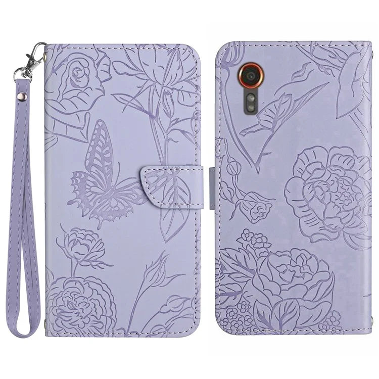 HT03 For Samsung Galaxy Xcover 7 Leather Case with Hand Strap Butterfly Flower Pattern