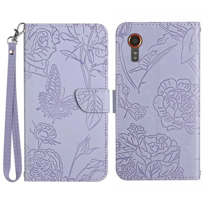 HT03 For Samsung Galaxy Xcover 7 Leather Case with Hand Strap Butterfly Flower Pattern