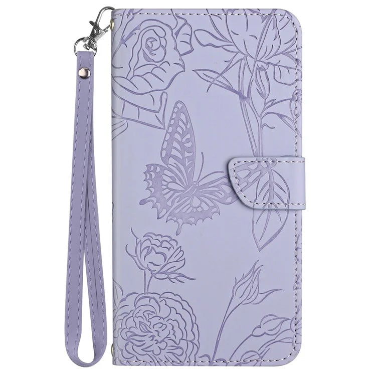 HT03 For Samsung Galaxy Xcover 7 Leather Case with Hand Strap Butterfly Flower Pattern