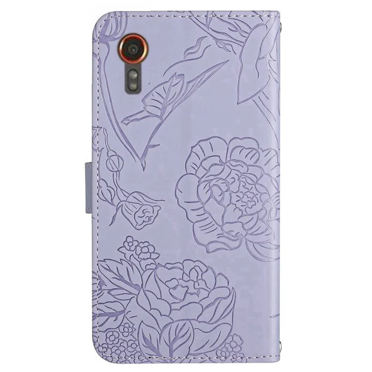 HT03 For Samsung Galaxy Xcover 7 Leather Case with Hand Strap Butterfly Flower Pattern