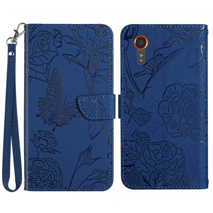 HT03 For Samsung Galaxy Xcover 7 Leather Case with Hand Strap Butterfly Flower Pattern