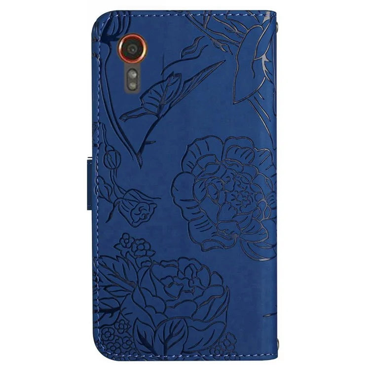 HT03 For Samsung Galaxy Xcover 7 Leather Case with Hand Strap Butterfly Flower Pattern