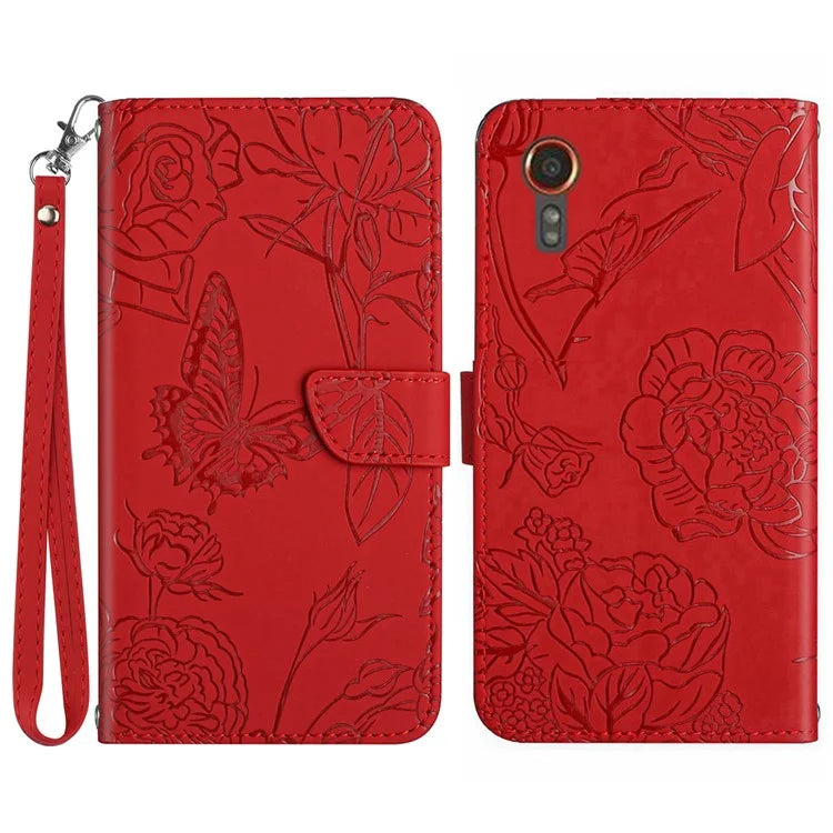 HT03 For Samsung Galaxy Xcover 7 Leather Case with Hand Strap Butterfly Flower Pattern