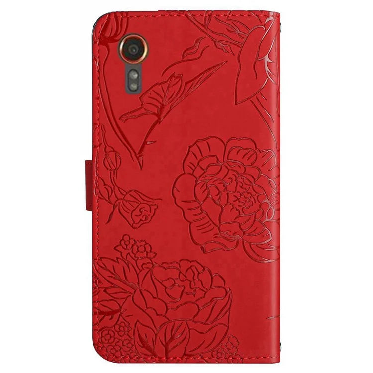 HT03 For Samsung Galaxy Xcover 7 Leather Case with Hand Strap Butterfly Flower Pattern