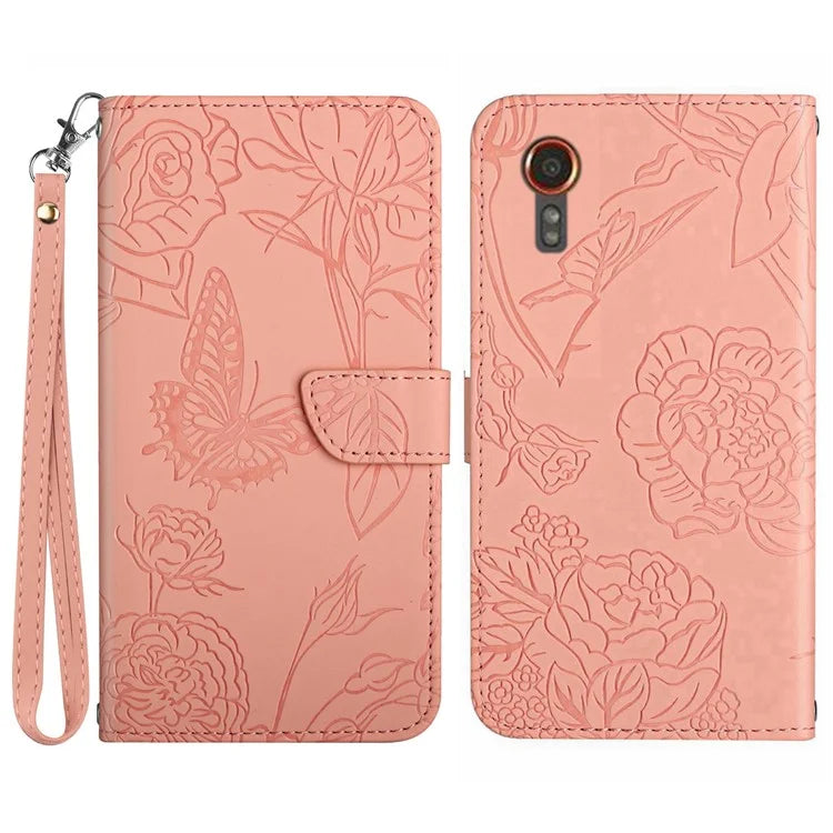 HT03 For Samsung Galaxy Xcover 7 Leather Case with Hand Strap Butterfly Flower Pattern