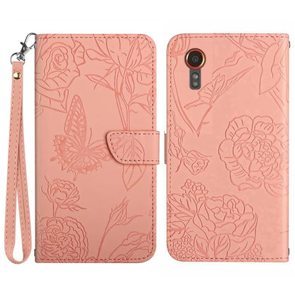 HT03 For Samsung Galaxy Xcover 7 Leather Case with Hand Strap Butterfly Flower Pattern