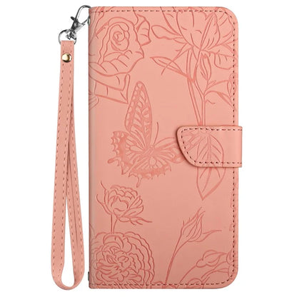 HT03 For Samsung Galaxy Xcover 7 Leather Case with Hand Strap Butterfly Flower Pattern