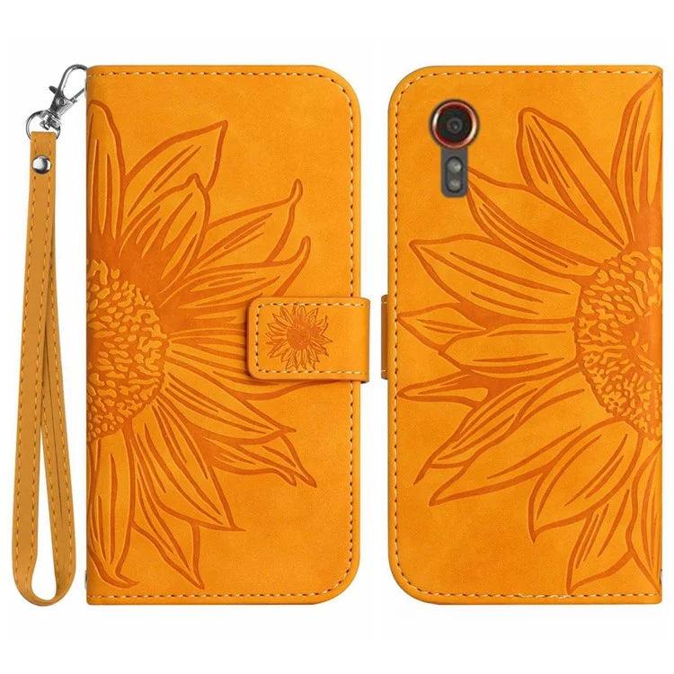 HT04 For Samsung Galaxy Xcover 7 Leather Case Phone Wallet with Hand Strap Sunflower Pattern