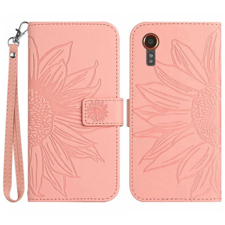 HT04 For Samsung Galaxy Xcover 7 Leather Case Phone Wallet with Hand Strap Sunflower Pattern