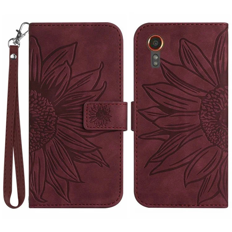 HT04 For Samsung Galaxy Xcover 7 Leather Case Phone Wallet with Hand Strap Sunflower Pattern
