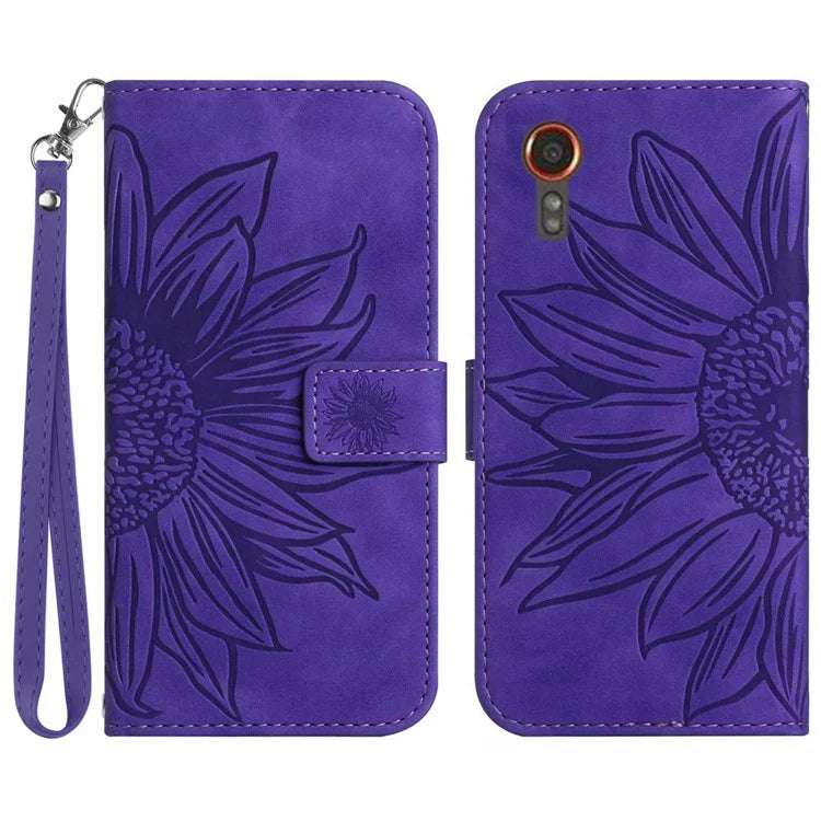 HT04 For Samsung Galaxy Xcover 7 Leather Case Phone Wallet with Hand Strap Sunflower Pattern