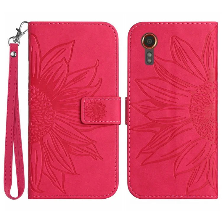 HT04 For Samsung Galaxy Xcover 7 Leather Case Phone Wallet with Hand Strap Sunflower Pattern