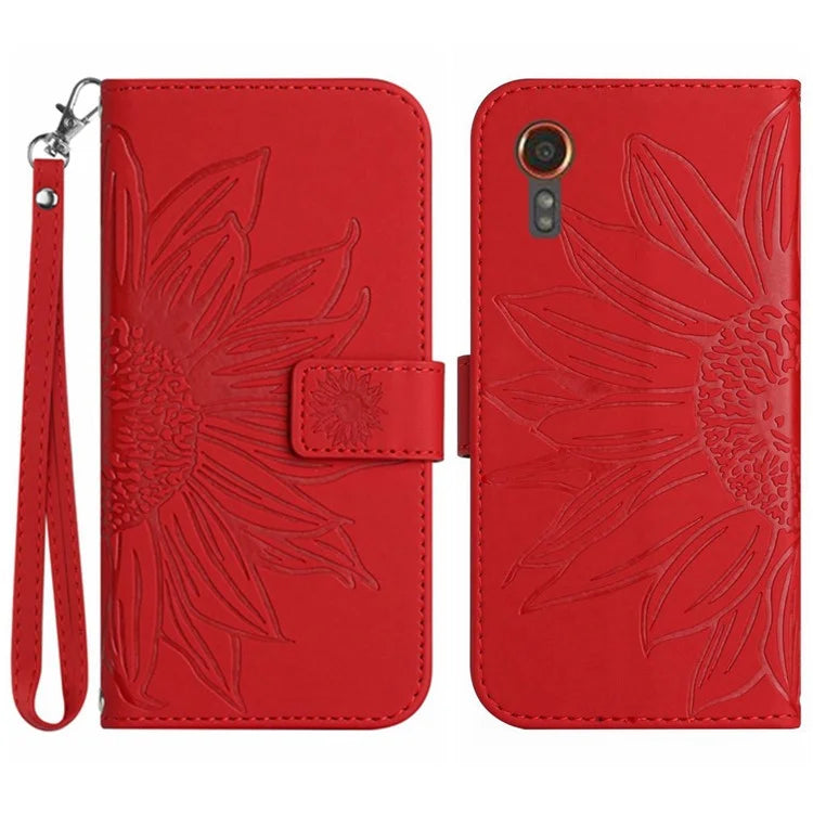 HT04 For Samsung Galaxy Xcover 7 Leather Case Phone Wallet with Hand Strap Sunflower Pattern