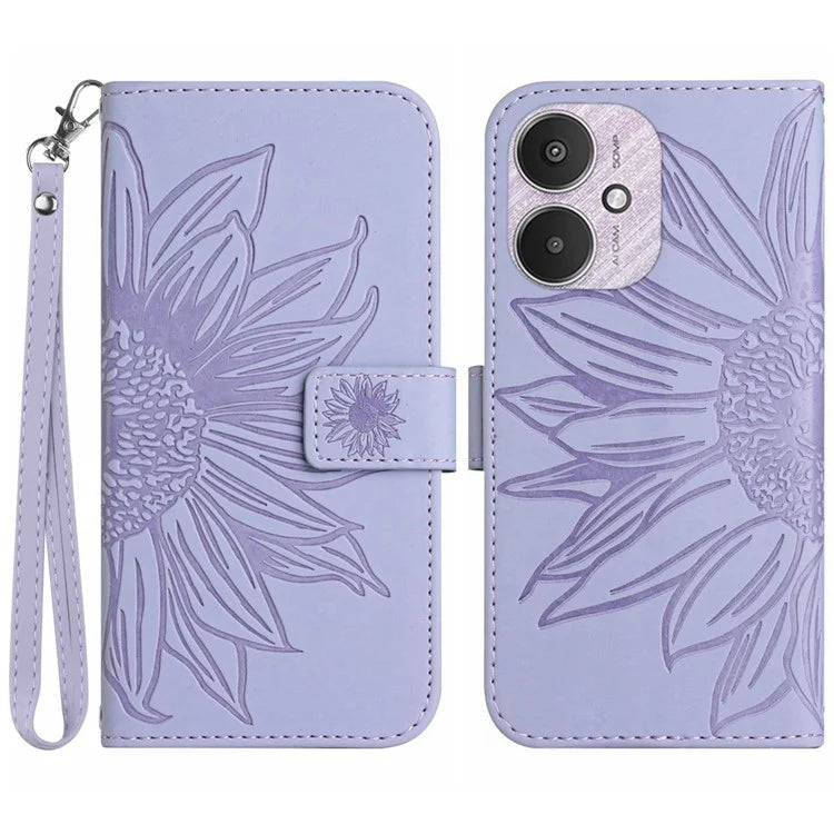 HT04 For Xiaomi Redmi 13C 4G / 5G / Poco C65 4G Case with Wrist Strap Sunflower Phone Wallet Cover