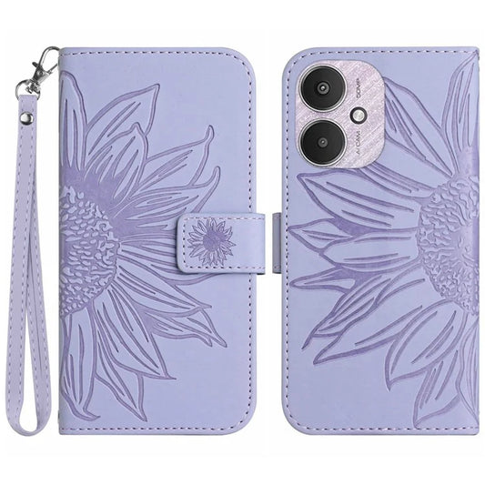 HT04 For Xiaomi Redmi 13C 4G / 5G / Poco C65 4G Case with Wrist Strap Sunflower Phone Wallet Cover