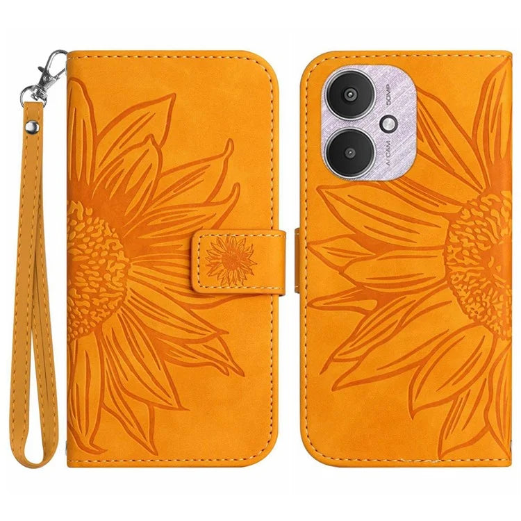 HT04 For Xiaomi Redmi 13C 4G / 5G / Poco C65 4G Case with Wrist Strap Sunflower Phone Wallet Cover