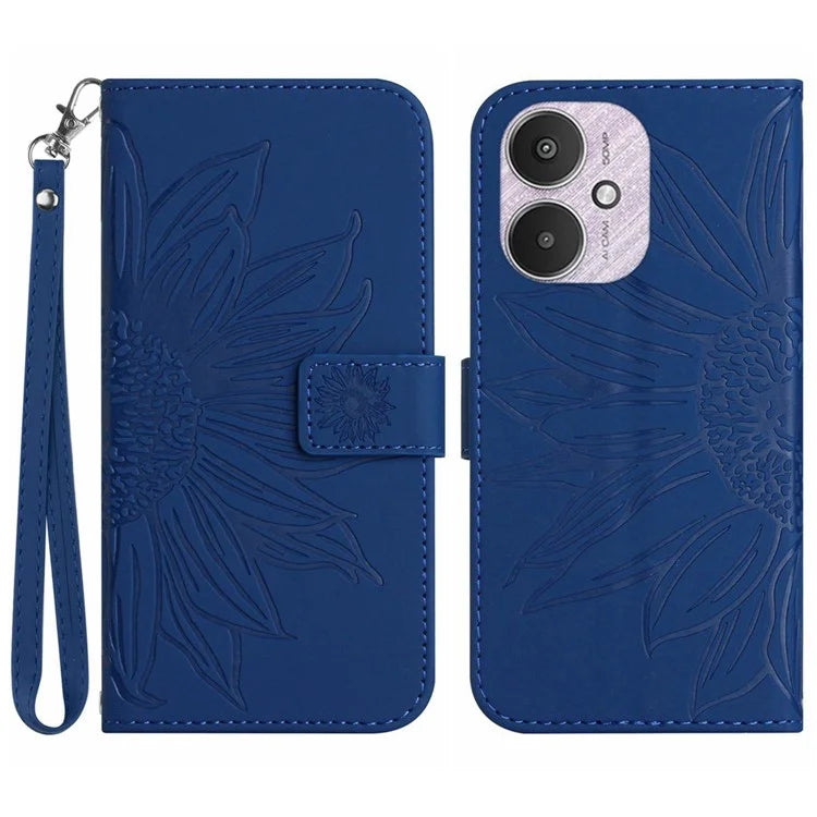 HT04 For Xiaomi Redmi 13C 4G / 5G / Poco C65 4G Case with Wrist Strap Sunflower Phone Wallet Cover