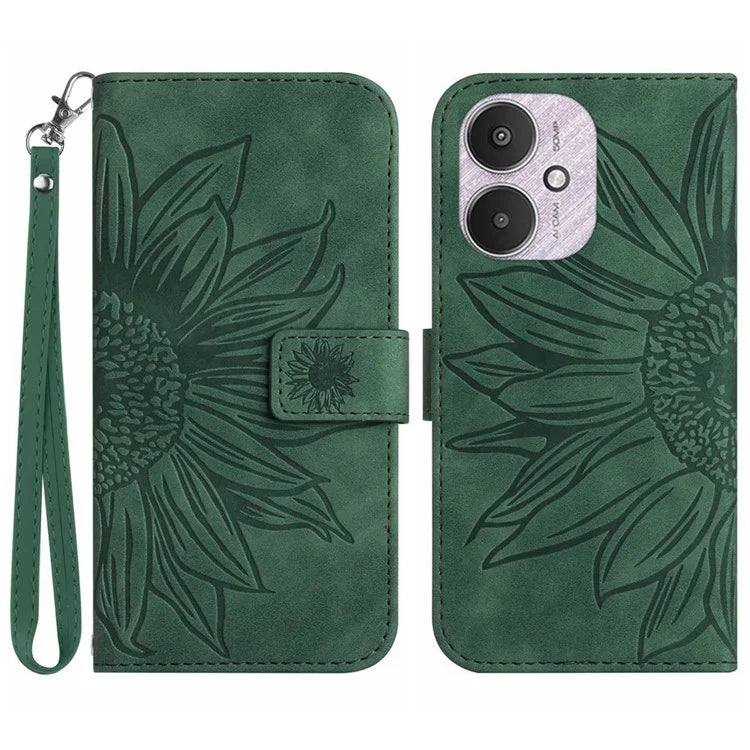 HT04 For Xiaomi Redmi 13C 4G / 5G / Poco C65 4G Case with Wrist Strap Sunflower Phone Wallet Cover