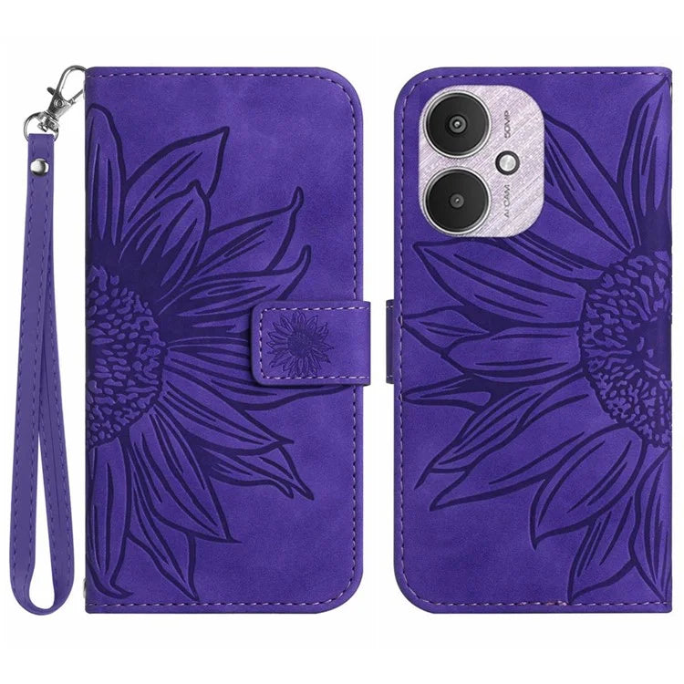 HT04 For Xiaomi Redmi 13C 4G / 5G / Poco C65 4G Case with Wrist Strap Sunflower Phone Wallet Cover