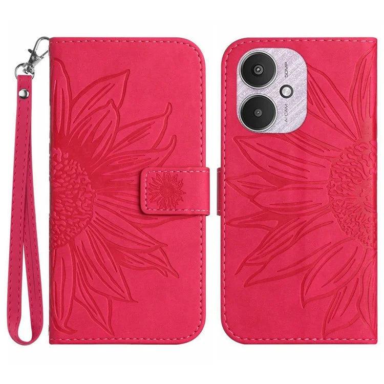 HT04 For Xiaomi Redmi 13C 4G / 5G / Poco C65 4G Case with Wrist Strap Sunflower Phone Wallet Cover