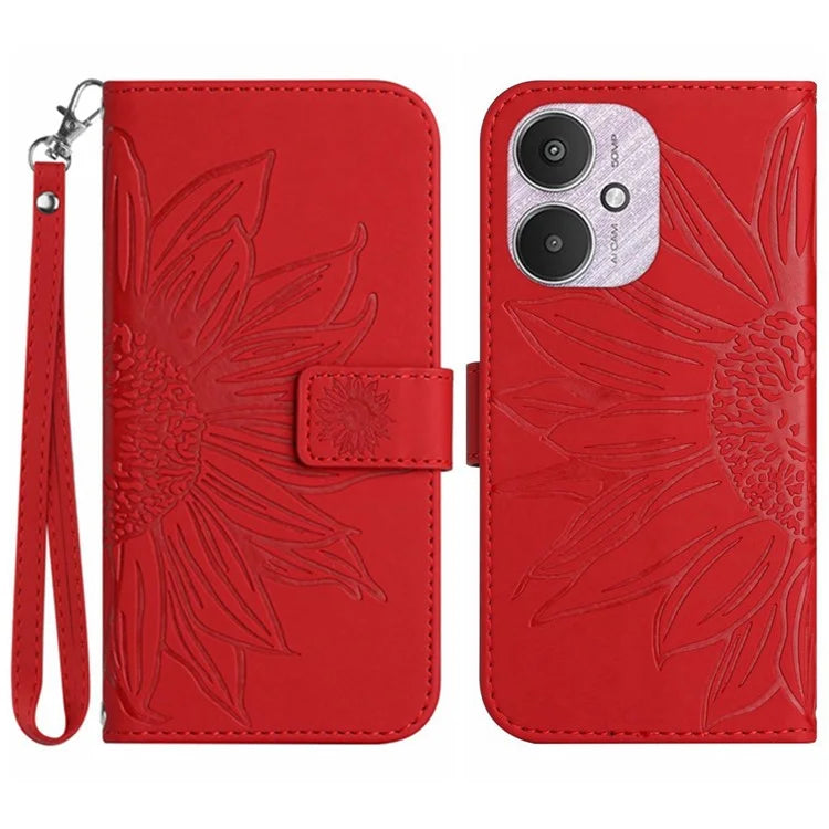 HT04 For Xiaomi Redmi 13C 4G / 5G / Poco C65 4G Case with Wrist Strap Sunflower Phone Wallet Cover