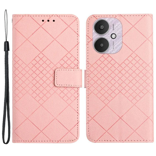 HT06 For Xiaomi Redmi 13C 4G / 5G / Poco C65 4G Leather Case Rhombus Pattern with Wrist Strap