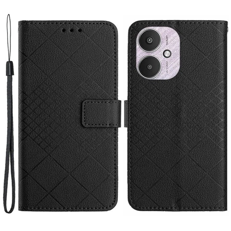 HT06 For Xiaomi Redmi 13C 4G / 5G / Poco C65 4G Leather Case Rhombus Pattern with Wrist Strap