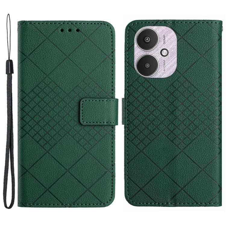 HT06 For Xiaomi Redmi 13C 4G / 5G / Poco C65 4G Leather Case Rhombus Pattern with Wrist Strap