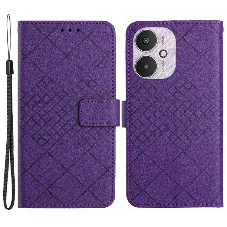 HT06 For Xiaomi Redmi 13C 4G / 5G / Poco C65 4G Leather Case Rhombus Pattern with Wrist Strap