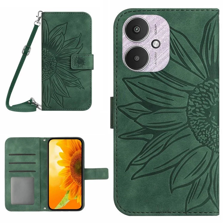 HT04 For Xiaomi Redmi 13C 4G / 5G / Poco C65 4G Crossbody Phone Leather Case Sunflower Pattern