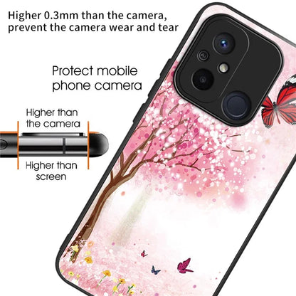 For Xiaomi Redmi 12C 4G Phone Case Tempered Glass Pattern Back+TPU Frame Cover