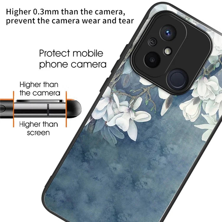 For Xiaomi Redmi 12C 4G Phone Case Tempered Glass Pattern Back+TPU Frame Cover