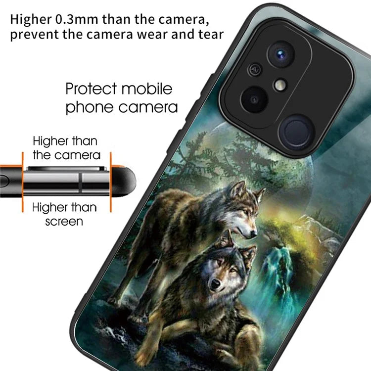 For Xiaomi Redmi 12C 4G Phone Case Tempered Glass Pattern Back+TPU Frame Cover