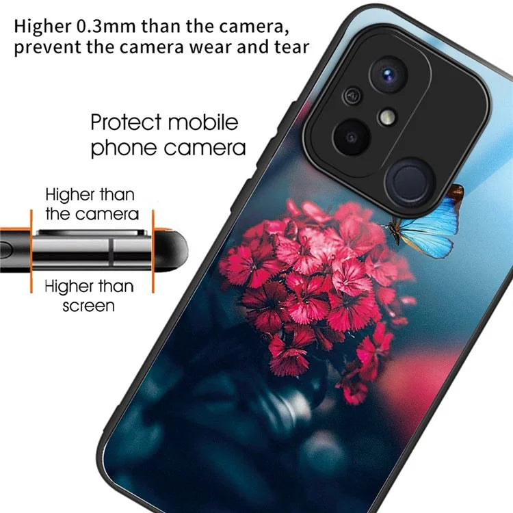 For Xiaomi Redmi 12C 4G Phone Case Tempered Glass Pattern Back+TPU Frame Cover