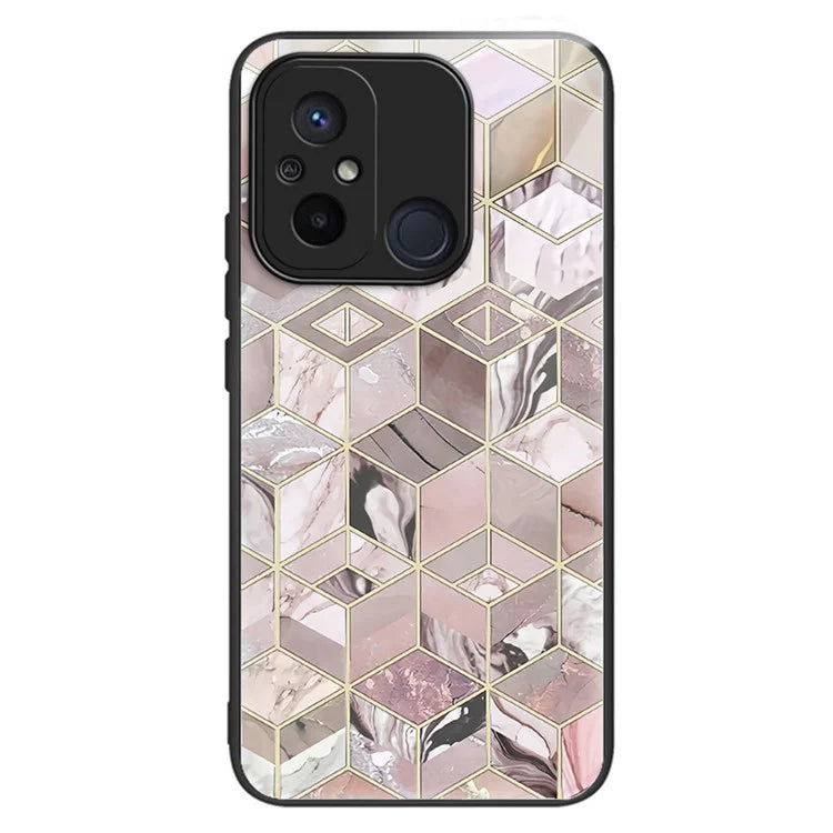 For Xiaomi Redmi 12C 4G Phone Case Tempered Glass Pattern Back+TPU Frame Cover