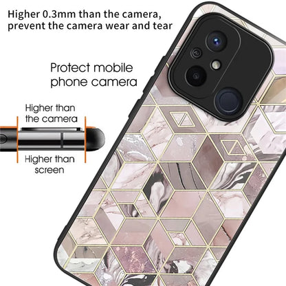 For Xiaomi Redmi 12C 4G Phone Case Tempered Glass Pattern Back+TPU Frame Cover