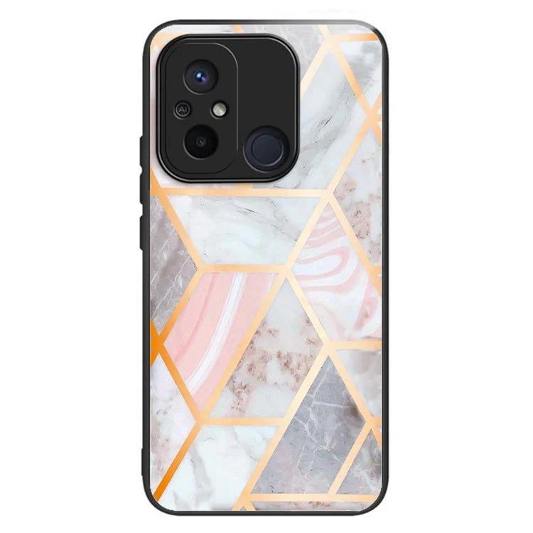 For Xiaomi Redmi 12C 4G Phone Case Tempered Glass Pattern Back+TPU Frame Cover
