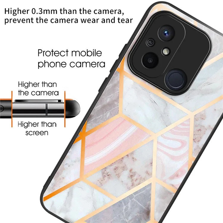 For Xiaomi Redmi 12C 4G Phone Case Tempered Glass Pattern Back+TPU Frame Cover