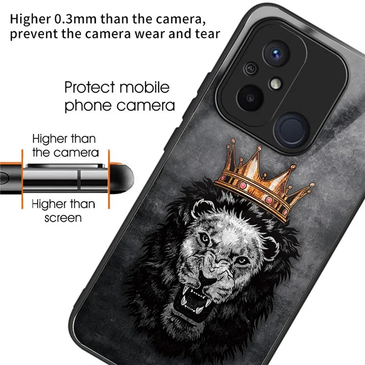 For Xiaomi Redmi 12C 4G Phone Case Tempered Glass Pattern Back+TPU Frame Cover