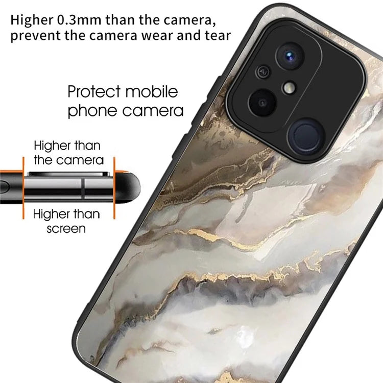 For Xiaomi Redmi 12C 4G Phone Case Tempered Glass Pattern Back+TPU Frame Cover