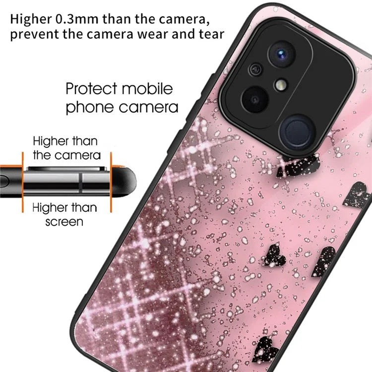 For Xiaomi Redmi 12C 4G Phone Case Tempered Glass Pattern Back+TPU Frame Cover