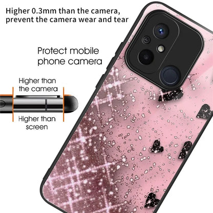 For Xiaomi Redmi 12C 4G Phone Case Tempered Glass Pattern Back+TPU Frame Cover