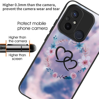 For Xiaomi Redmi 12C 4G Phone Case Tempered Glass Pattern Back+TPU Frame Cover