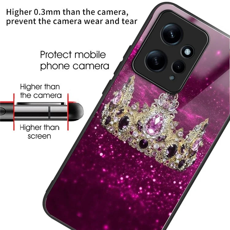 For Xiaomi Redmi Note 12 4G Pattern Tempered Glass Phone Cover TPU Bumper Protection