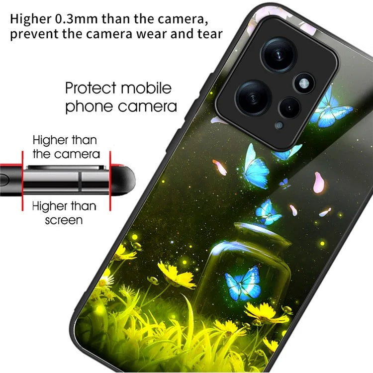 For Xiaomi Redmi Note 12 4G Pattern Tempered Glass Phone Cover TPU Bumper Protection