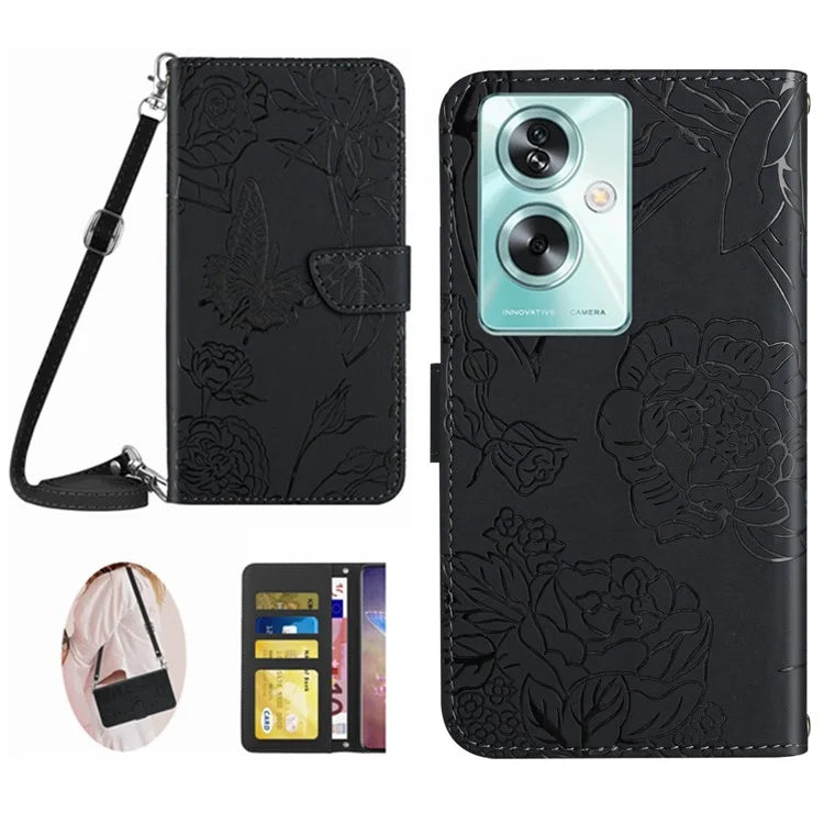 HT03 For Oppo A59 5G Butterfly Flower Phone Case Crossbody Leather Phone Cover