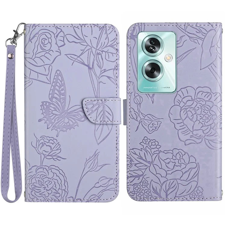 HT03 For Oppo A59 5G Wallet Leather Case Butterfly Flower with Hand Strap