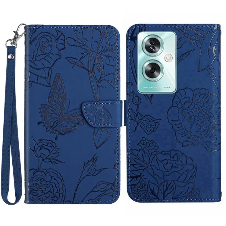 HT03 For Oppo A59 5G Wallet Leather Case Butterfly Flower with Hand Strap