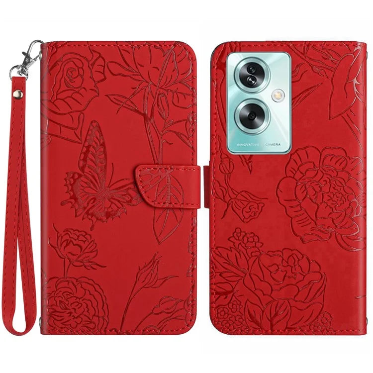 HT03 For Oppo A59 5G Wallet Leather Case Butterfly Flower with Hand Strap