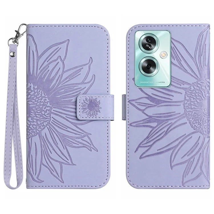 HT04 For Oppo A59 5G Case Wallet Leather Cover Sunflower Pattern with Hand Strap